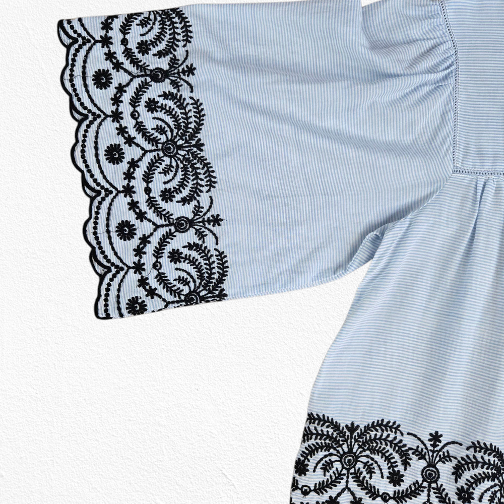 Zara Basic Blue Black Striped Embroidered Bell Sl… - image 5